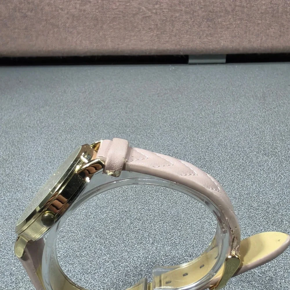 Nine West Watch Womens OS Pink Fair Quilted Strap Gold Tone Crystal Markers